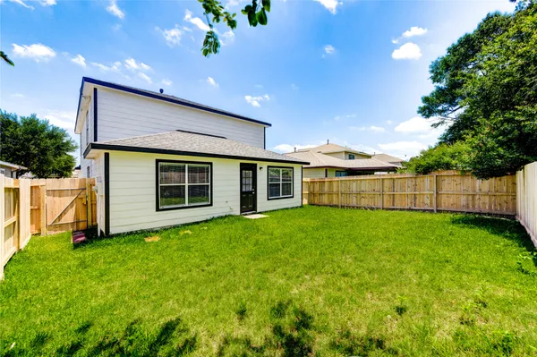 a view of a backyard with plants and large trees