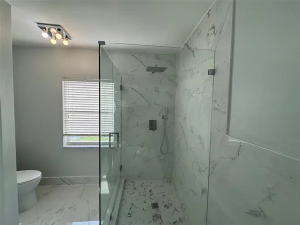 a bathroom with a shower and a toilet