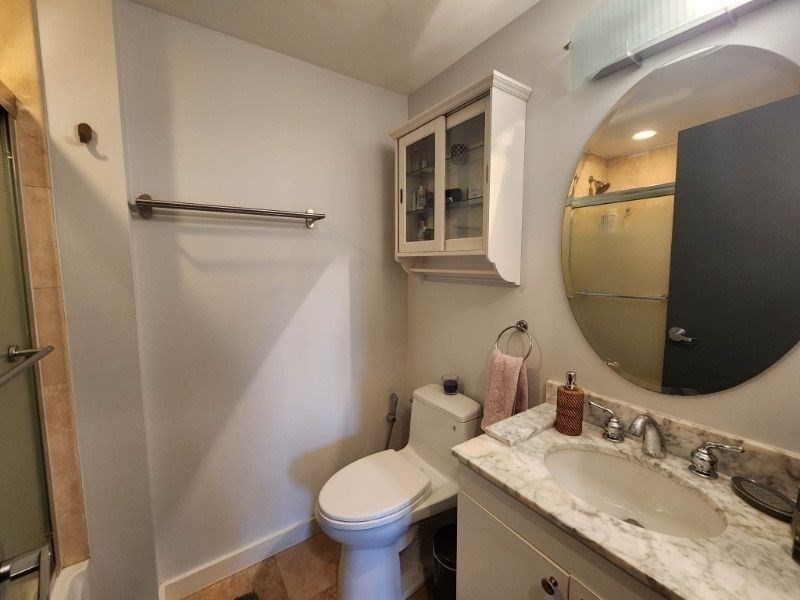 533 Cambridge Street, Unit 105 Boston, MA 02134 - Photo 6 of 32 a bathroom with a granite countertop sink toilet and shower