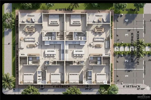an aerial view of residential houses with outdoor space and street view