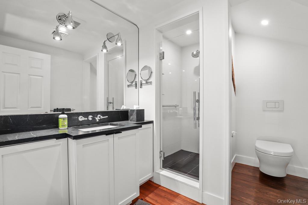 56 Northrup Road Dover Plains, NY 12522 - Photo 30 of 44 a bathroom with a granite countertop sink a toilet a mirror and shower