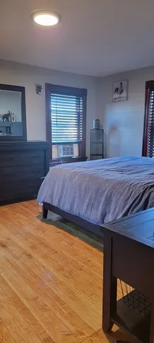 a bedroom with a bed and a dresser