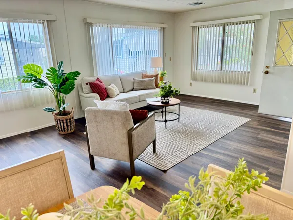 a living room with furniture and a potted plant