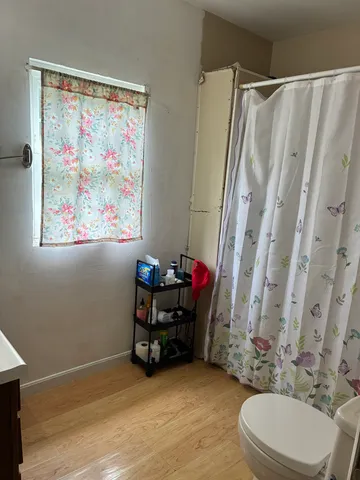 a bathroom with a toilet and a shower curtain