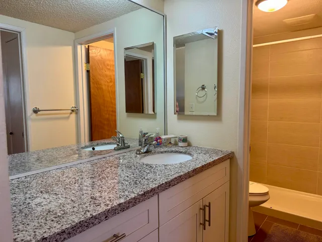 a bathroom with a granite countertop sink and a mirror