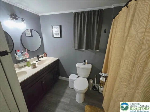 a bathroom with a sink mirror vanity and toilet