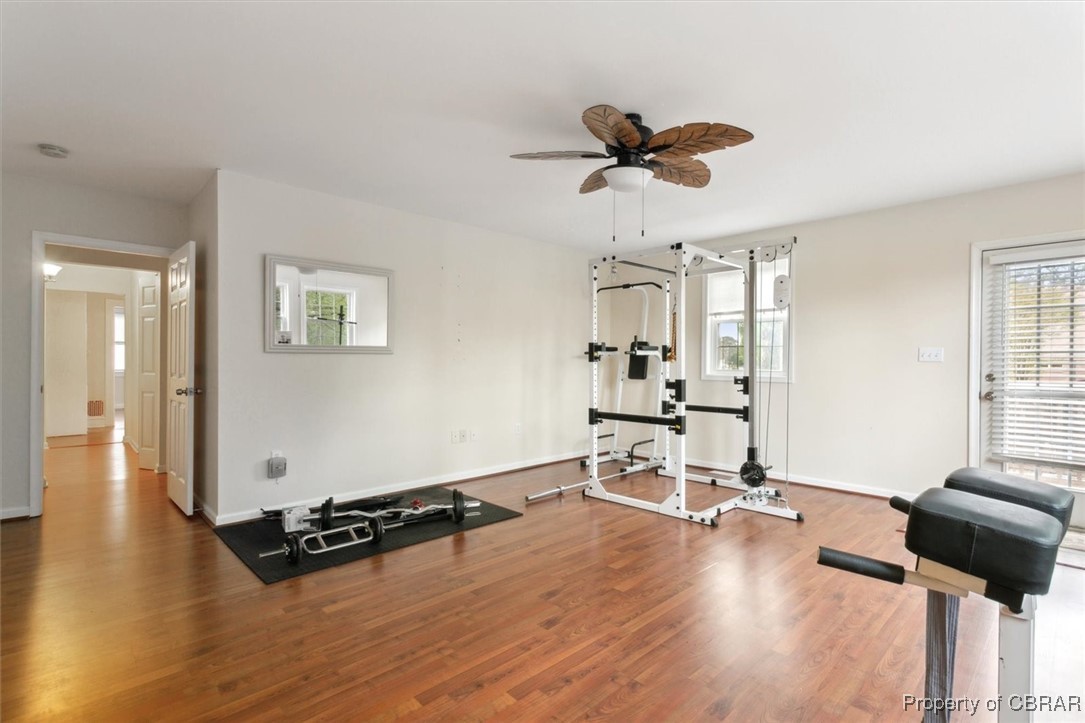 345 Fox Hill Road Hampton, VA 23669 - Photo 25 of 46 Exercise area featuring wood finished floors, ceiling fan, and baseboards
