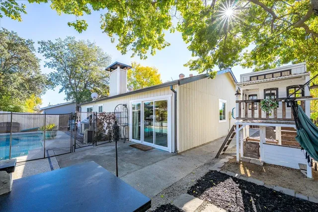 a front view of a house with patio
