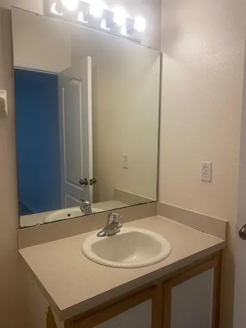 a bathroom with a sink and a mirror