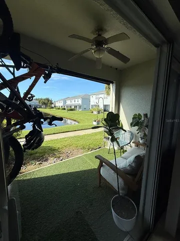 a view of swimming pool from a window