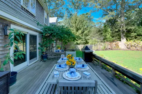 a garden view with a seating space