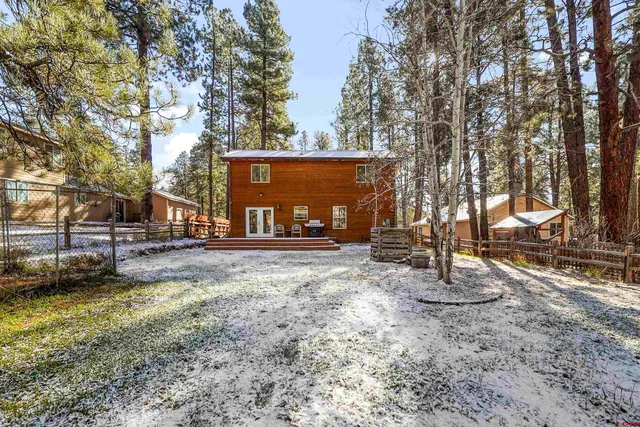a view of a backyard with large trees