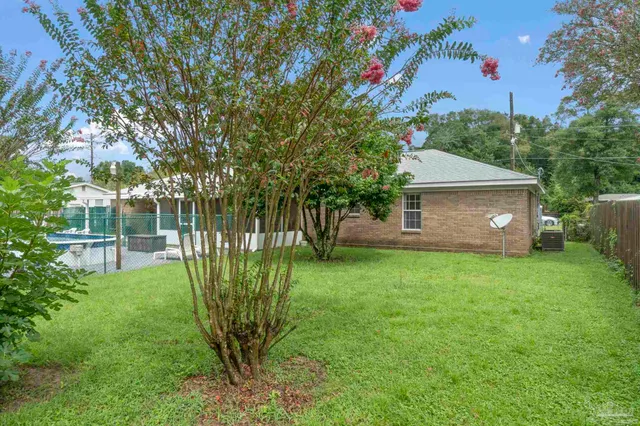 a view of a tree in a yard