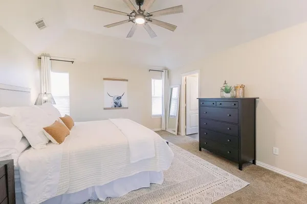 a bedroom with a bed and a dresser