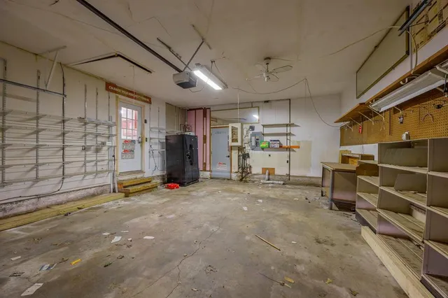 a view of a garage with furniture