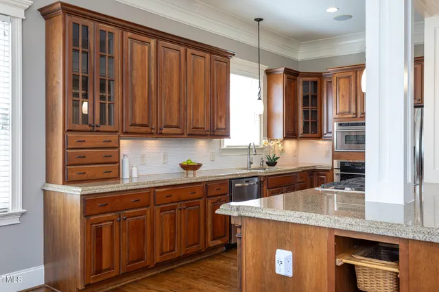 a view of a park with large trees