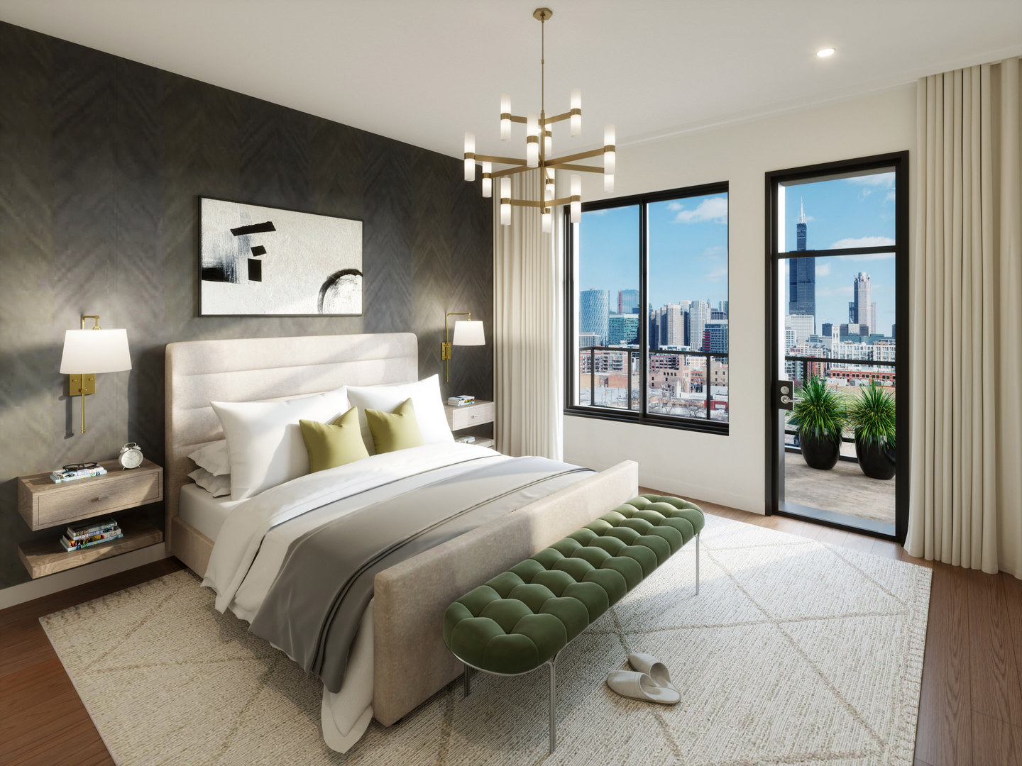 305 South Racine Avenue, Unit 4A Chicago, IL 60607 - Photo 5 of 6 a spacious bedroom with a large bed and a chandelier