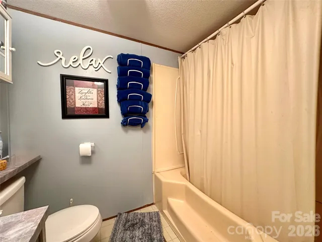 a bathroom with a toilet and a shower curtain