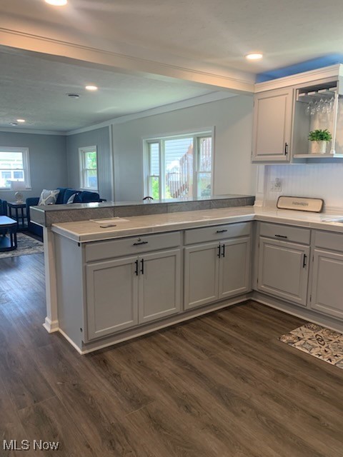 284 Altamont Road Vermilion, OH 44089 - Photo 19 of 39 Kitchen with a peninsula, ornamental molding, dark wood-style flooring, open shelves, and gray cabinets