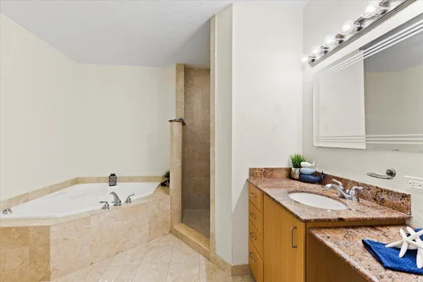 a bathroom with a granite countertop sink and a bathtub
