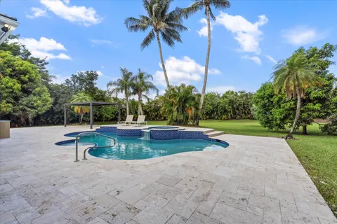 a view of a swimming pool with a yard