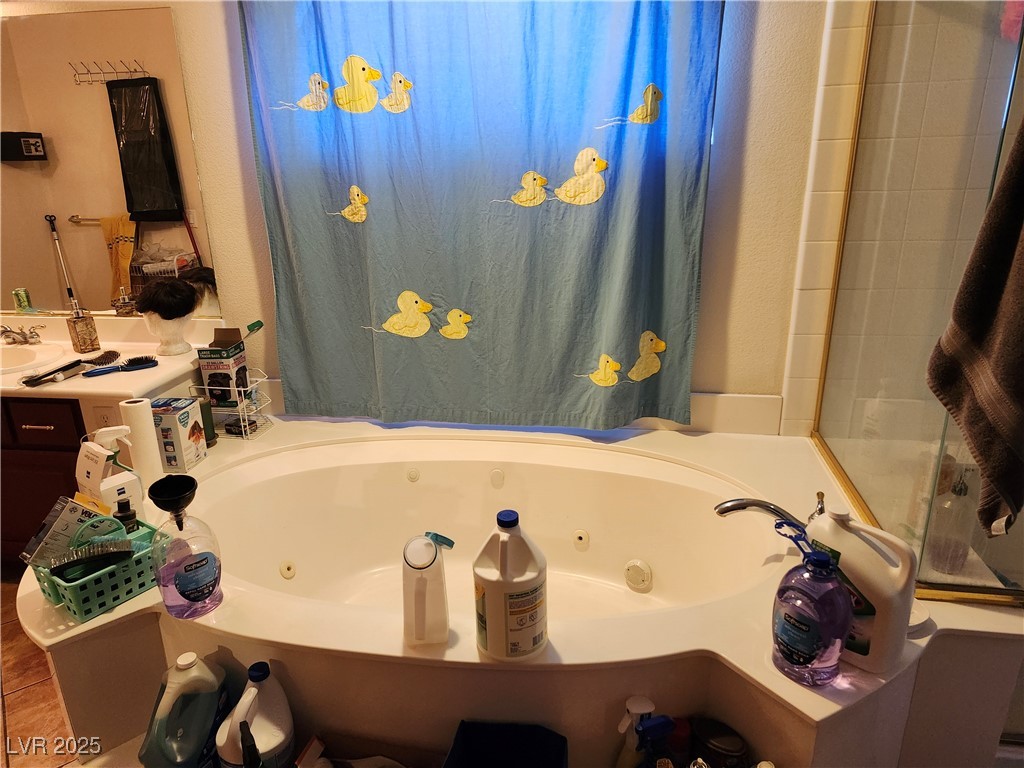 6672 Coronado Palms Avenue Las Vegas, NV 89139 - Photo 38 of 39 Full bathroom featuring a jetted tub and vanity