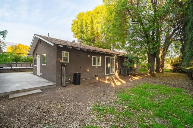 a view of a backyard with a large tree