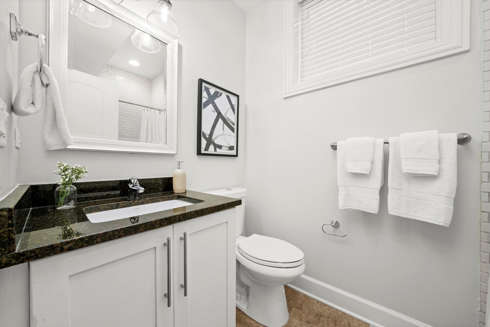 2953 North Honore Street Chicago, IL 60657 - Photo 32 of 40 a bathroom with a granite countertop sink a toilet and a mirror