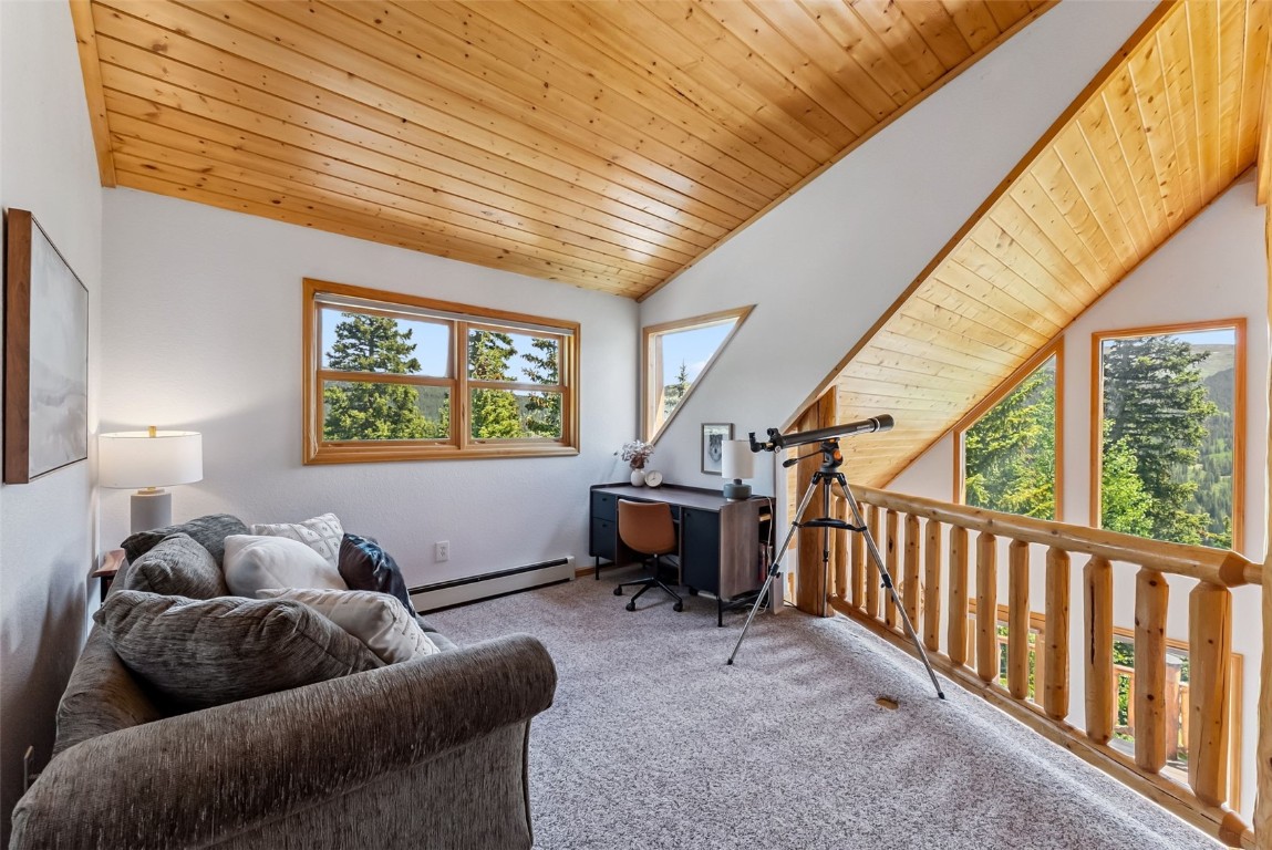 1375 Roberts Road Alma, CO 80420 - Photo 22 of 50 Carpeted loft space with vaulted ceiling, baseboard heating, and wooden ceiling