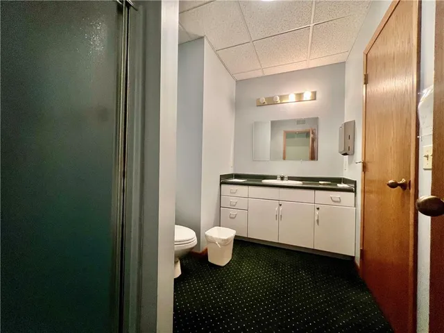 a bathroom with a sink a toilet and mirror