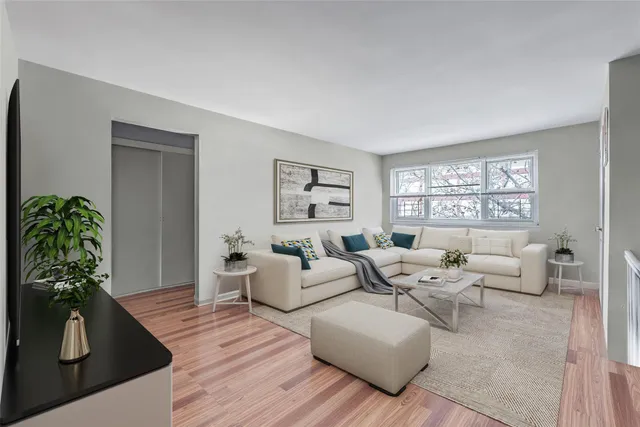 a living room with furniture potted plant and a window