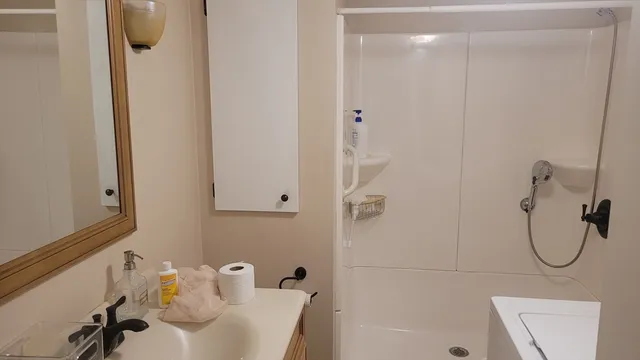 a bathroom with a bathtub
