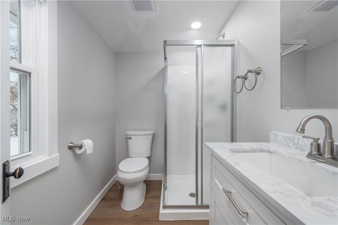 218 Roxboro Road Vermilion, OH 44089 - Photo 31 of 50 Bathroom featuring vanity, a stall shower, dark wood-style flooring, and recessed lighting