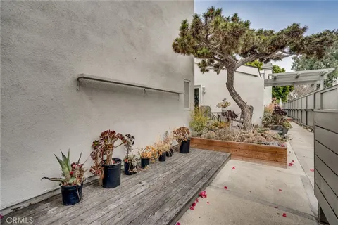 a front view of a house with a yard and potted plants