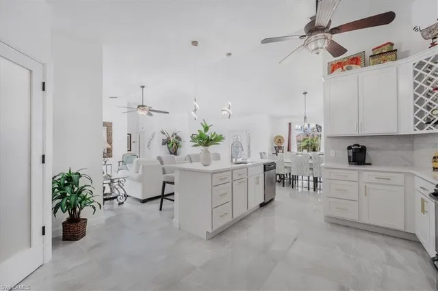 a room with white cabinets and potted plant