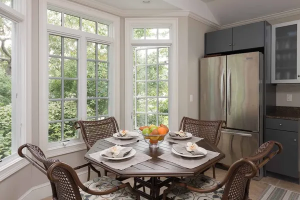 a view of a dining room with furniture window and outside view