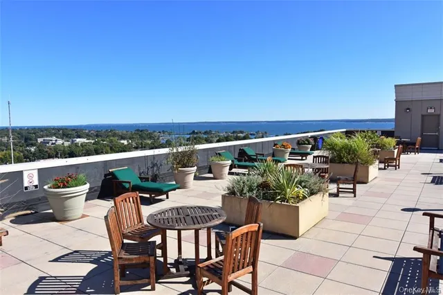 a view of a balcony with furniture and a potted plant