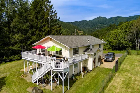 an aerial view of residential house with swimming pool