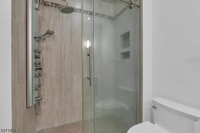 a bathroom with a shower and toilet