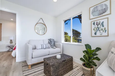a living room with furniture flowerpot and wooden floor