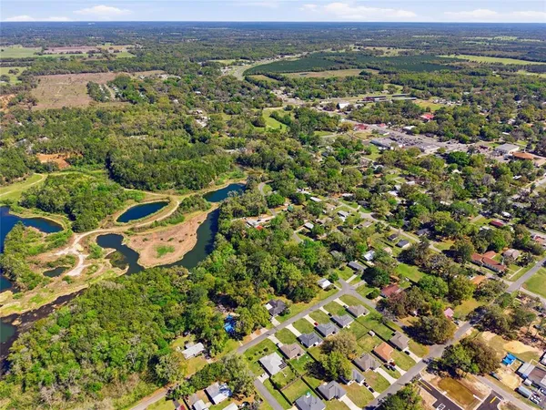 an aerial view of residential houses with outdoor space and trees
