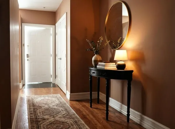 a workspace with furniture and mirror