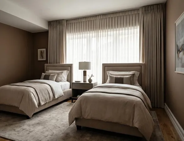 a bedroom with two beds and a large window