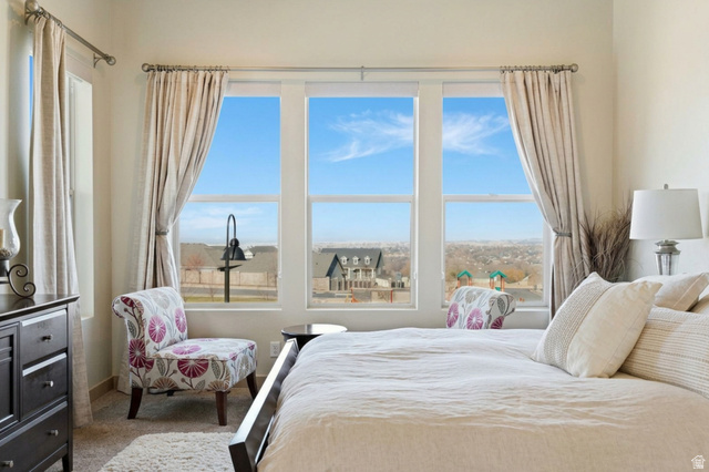 987 East Deer Arch Lane Draper, UT 84020 - Photo 23 of 46 Carpeted primary bedroom featuring large windows and valley view