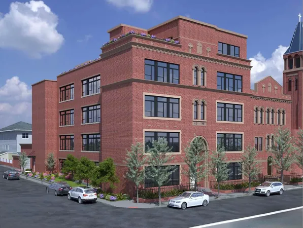 a front view of a building with street view