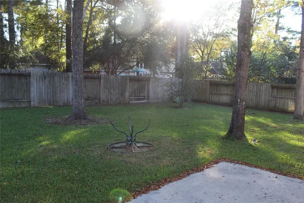 a view of a backyard with large trees and wooden fence