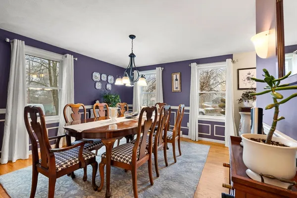 a view of a dining room with furniture window and outside view