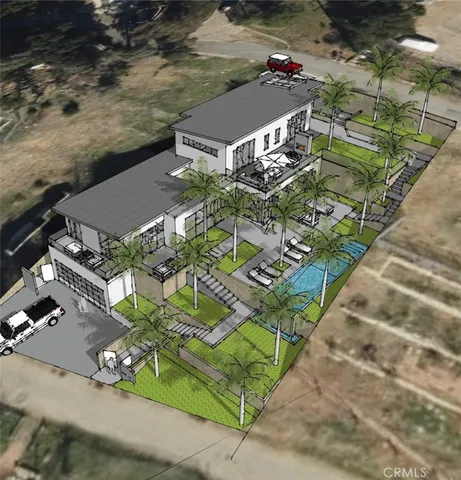 an aerial view of a house with a yard