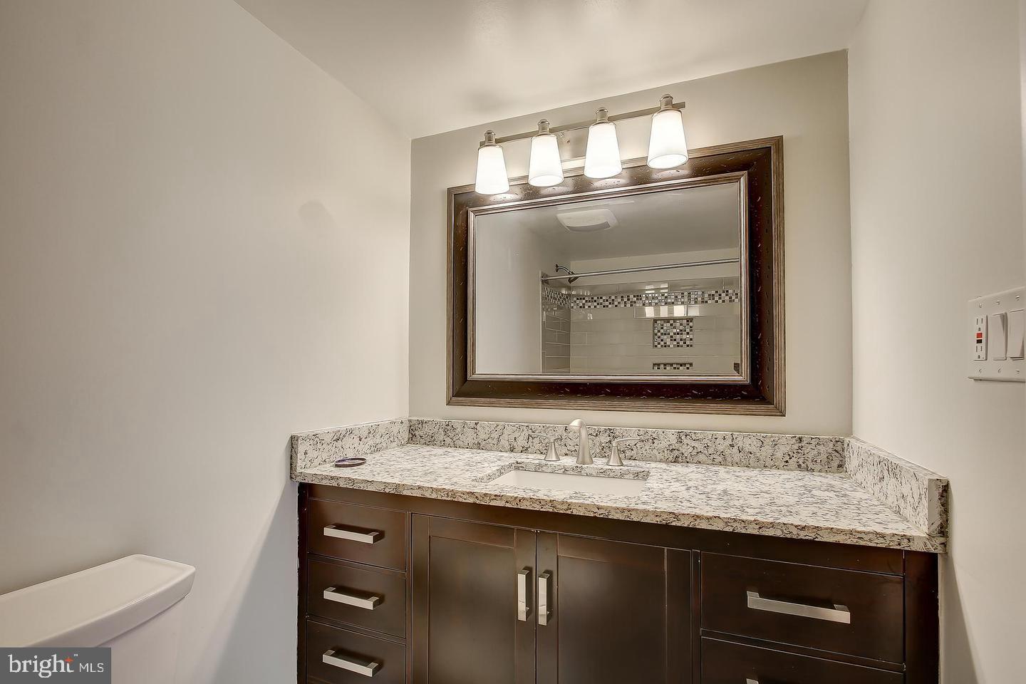 2102 Green Watch Way, Unit 301 Reston, VA 20191 - Photo 28 of 32 a bathroom with a granite countertop sink a toilet and a mirror