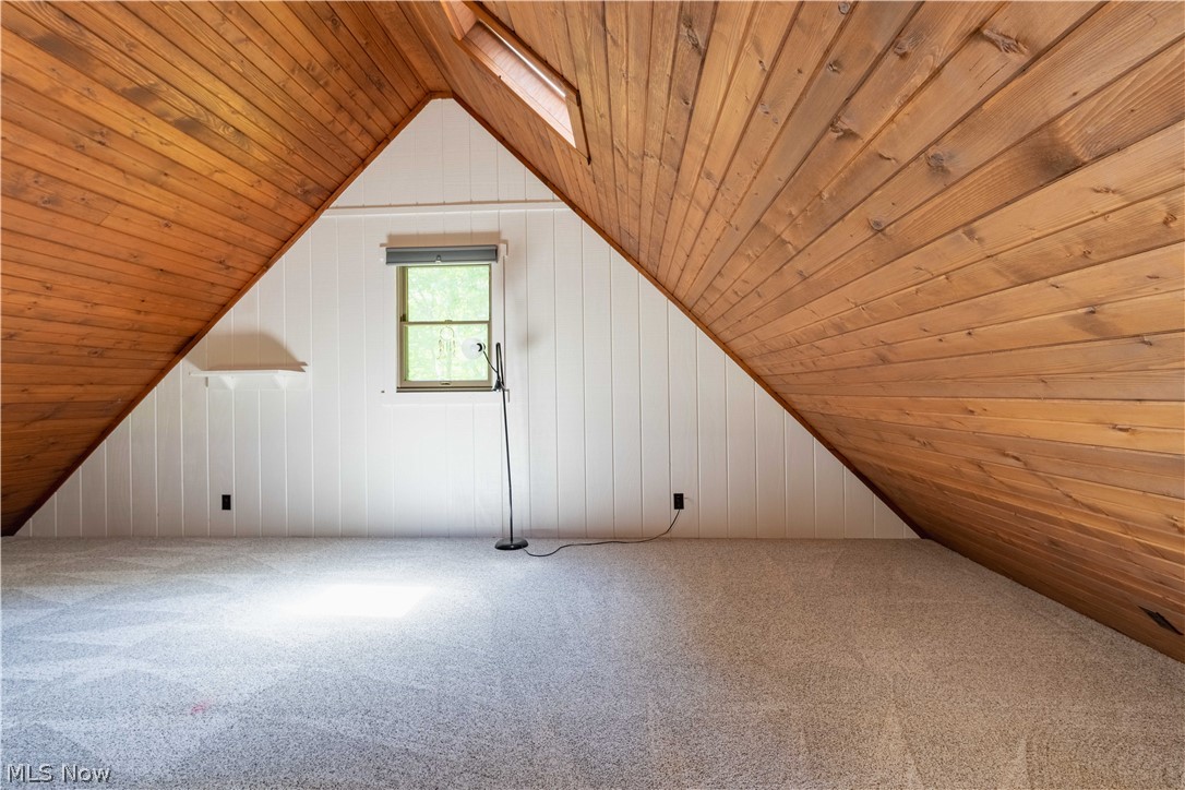 36048 South 16 Road Barnesville, OH 43713 - Photo 26 of 45 Bedroom with vaulted ceiling with skylight, wood ceiling, and carpet flooring